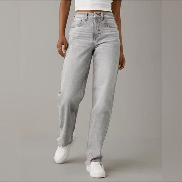 American Eagle Gray Super High Rise Baggy Straight Embellished Jeans - Size 2 - Picture 1 of 16